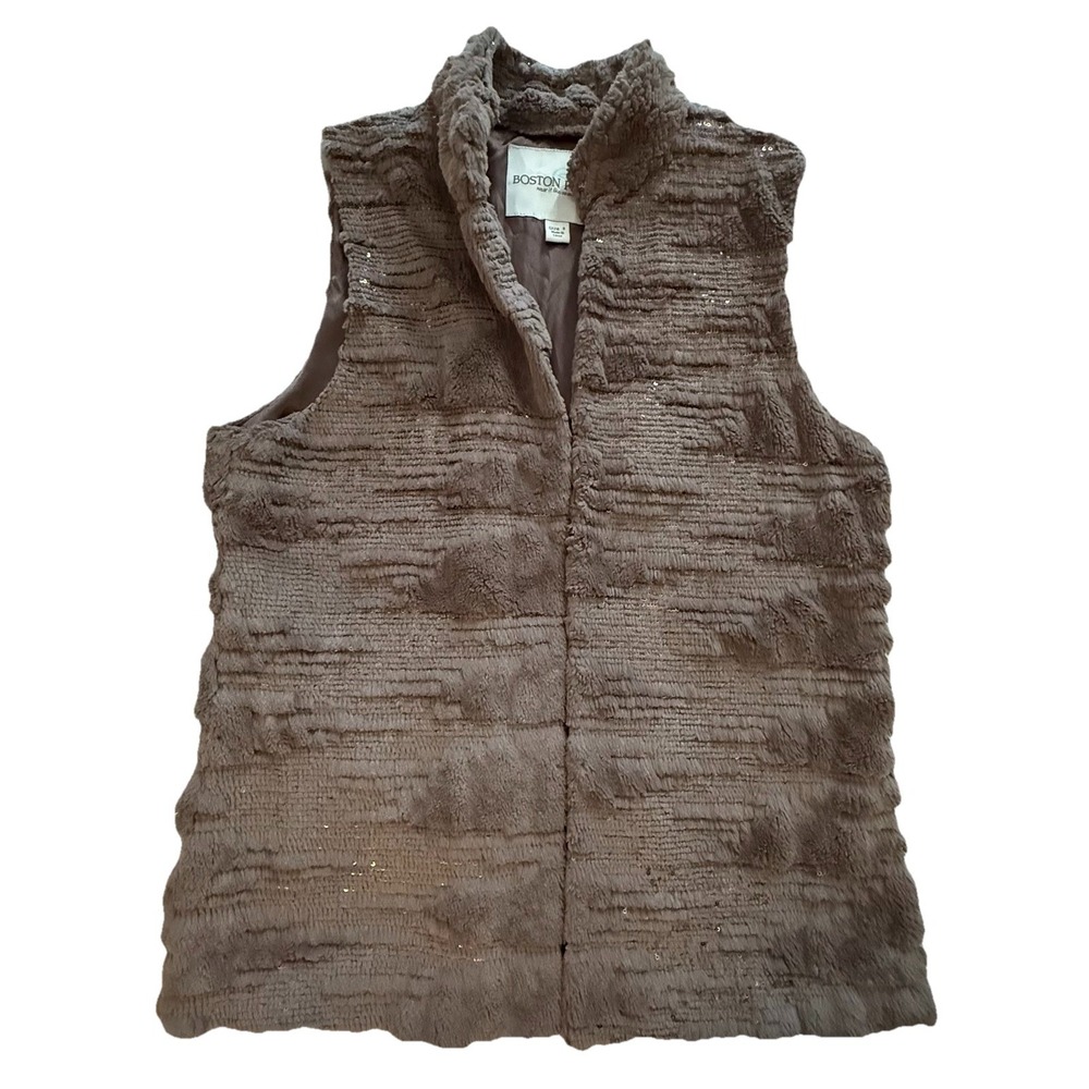 Boston Proper Light‎ Brown Faux-Fur Vest Sequins Open Front Evening Fun Size 8